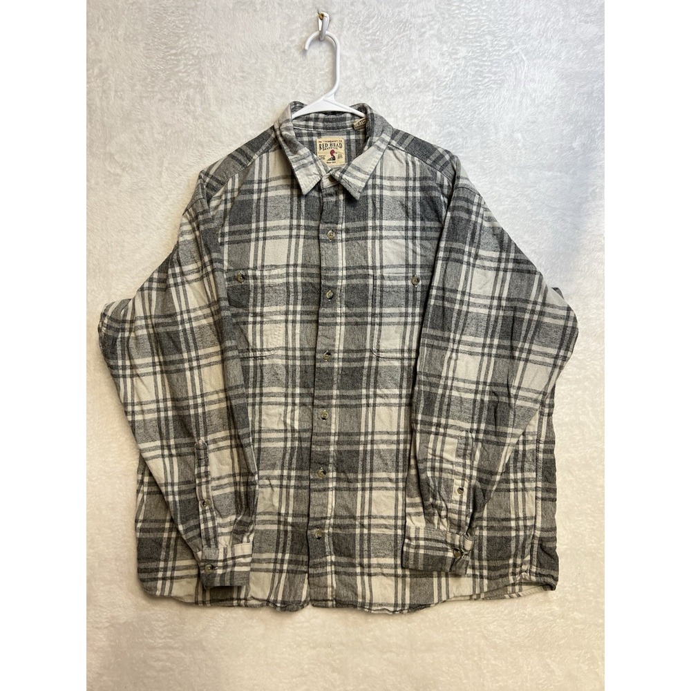 RedHead Brand Co Men's 2XL Plaid Flannel Shirt Gray White 100% Cotton Button Up